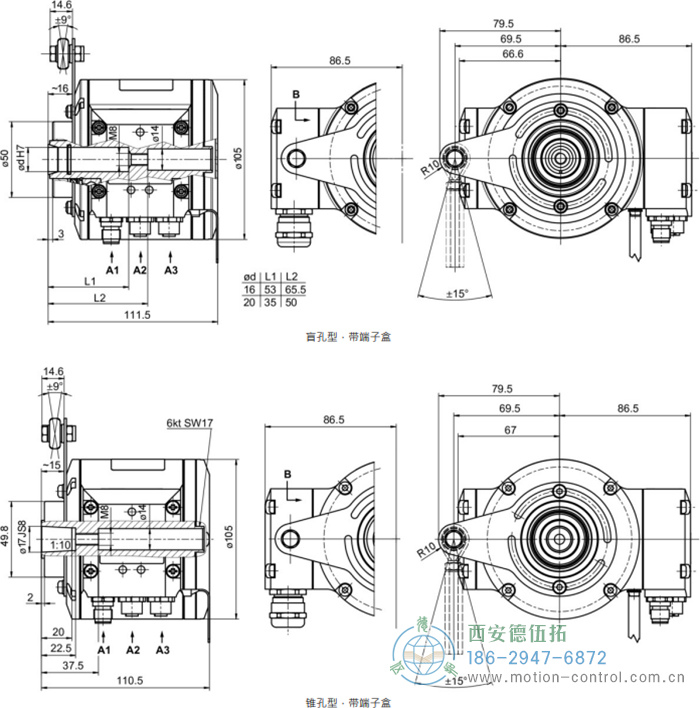 HMG10P-B - EtherCAT绝对值重载编码器外形及安装尺寸(盲孔型或锥孔型) - 