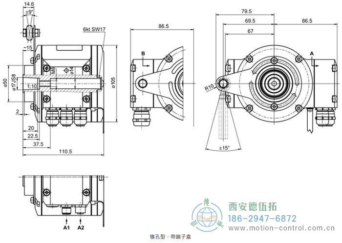 HMG10-B - CANopen®绝对值重载编码器外形及安装尺寸(盲孔型或锥孔型) - 