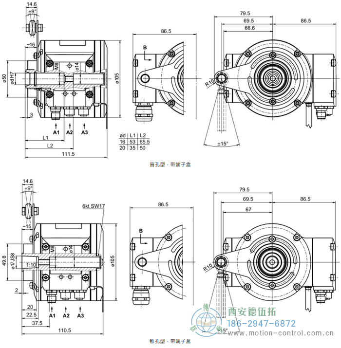 HMG10-B - EtherCAT绝对值重载编码器外形及安装尺寸(盲孔型或锥孔型) - 