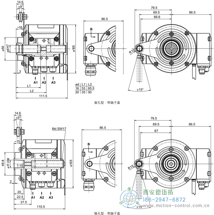 HMG10-B - EtherNet/IP绝对值重载编码器外形及安装尺寸(盲孔型或锥孔型) - 