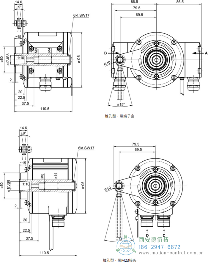 HMG10-B - SSI绝对值重载编码器外形及安装尺寸(盲孔型或锥孔型) - 