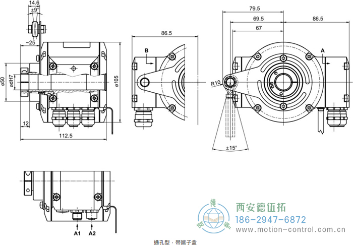HMG10-T - CANopen®绝对值重载编码器外形及安装尺寸(通孔型) - 