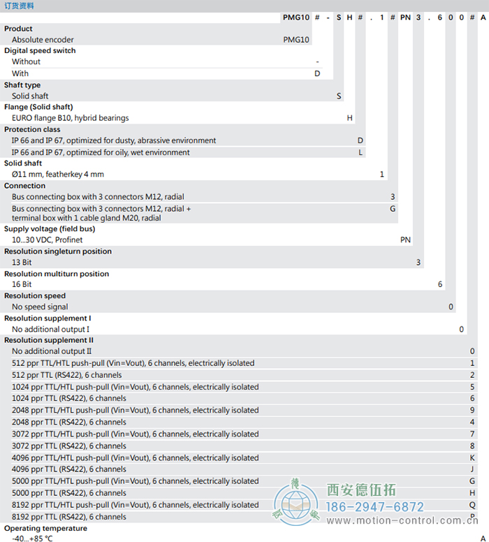 PMG10 - PROFINET绝对值重载编码器订货选型参考(ø11 mm实心轴，带欧式法兰B10或外壳支脚 (B3)) - 