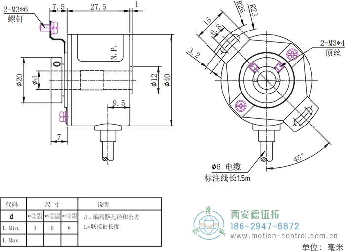 RI41光电增量轻载编码器外形及安装尺寸 - 