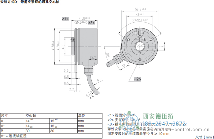 RI58-G/RI58-TG空心轴光电增量通用编码器的外形及安装尺寸(安装方式D：带前夹紧环的通孔空心轴) - 
