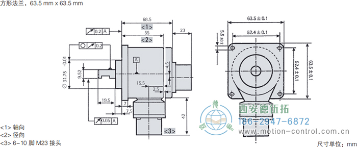 RI58-O/RI58-T实心轴光电增量通用编码器外形及安装尺寸(方形法兰，63.5mm×63.5mm) - 
