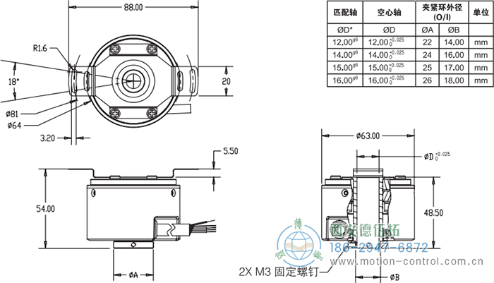 RI64空心轴标准光电增量编码器外形及安装尺寸 - 